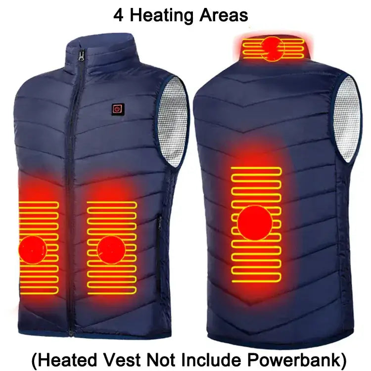 Navy blue heated vest with four glowing orange heating zones and silver mesh panels on the sides