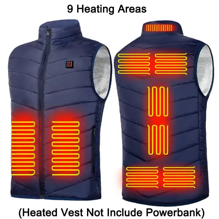 Navy blue quilted heated vest with nine glowing orange heating zones and silver mesh panels on the sides