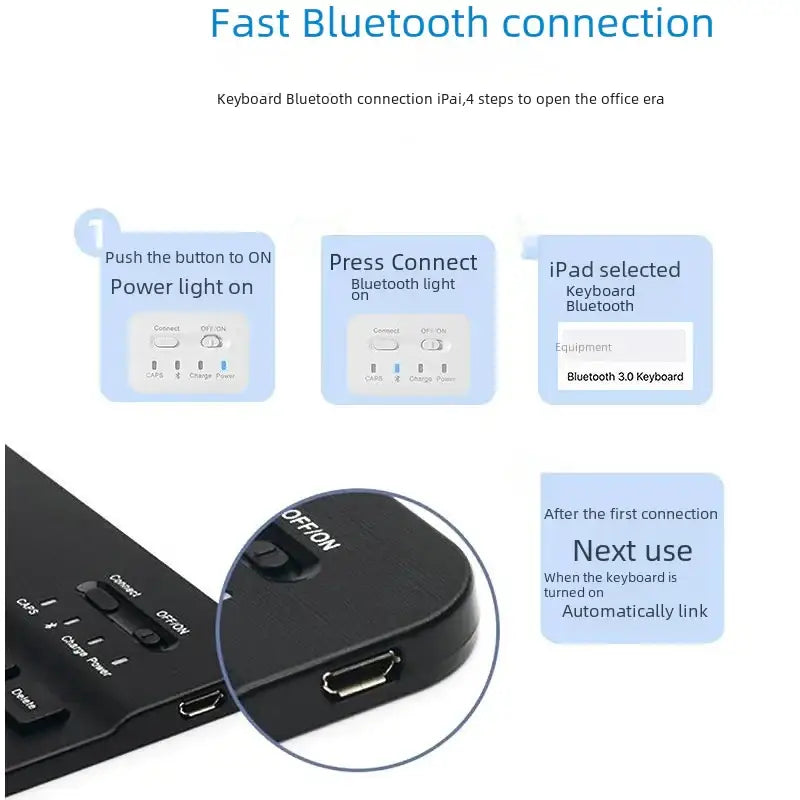 Black offon bluetooth 3.0 keyboard with a compact design and multiple function buttons for quick connectivity setup.