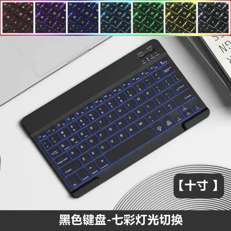 Black wireless keyboard with blue backlighting and a slim, modern design.