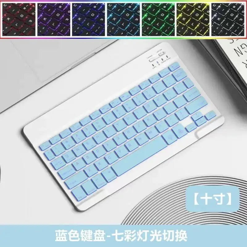 A sleek white wireless keyboard with light blue keys and a customizable seven-color led backlighting system.