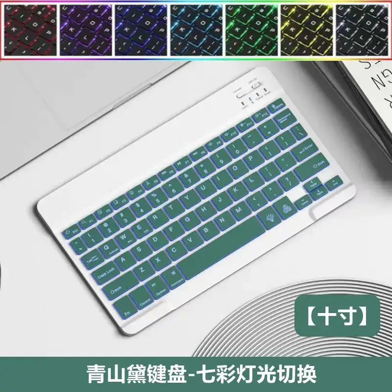 White wireless keyboard with a green and blue translucent keycap set featuring customizable seven-color rgb backlighting.