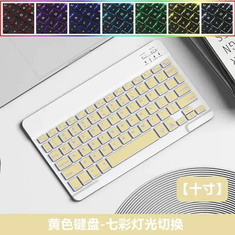 A sleek white wireless keyboard with yellow keys and customizable rainbow backlighting.