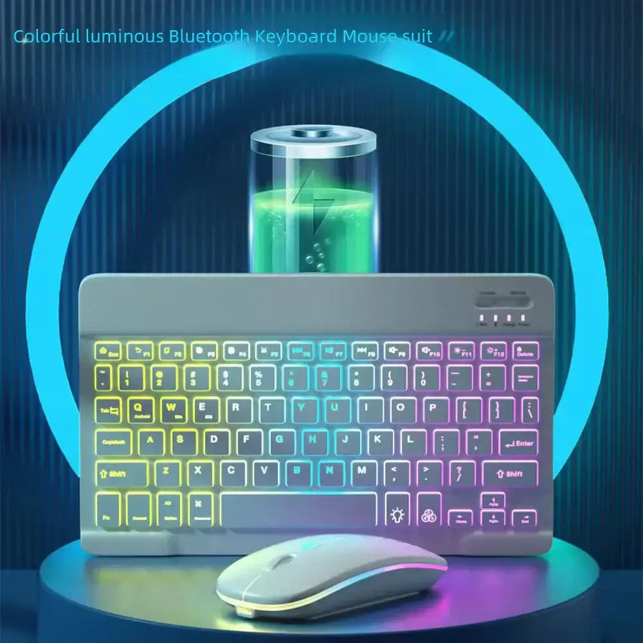 A sleek, gray wireless keyboard and mouse set with vibrant rgb backlighting across the keys and mouse.