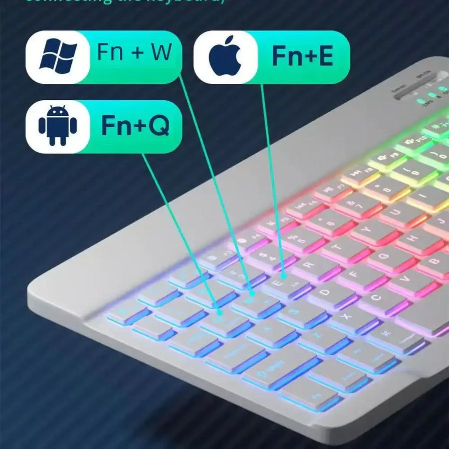 White wireless keyboard with rgb backlighting and a sleek, modern design.