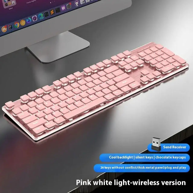 Pink wireless keyboard with translucent chocolate-colored keycaps and a sleek metallic frame.