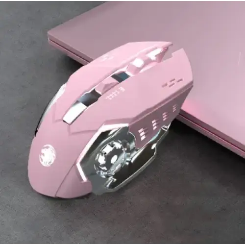 Pink gaming mouse with silver accents and a sleek, angular design.