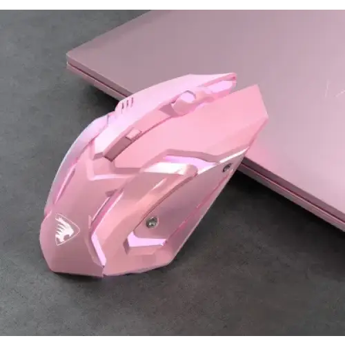 Pink translucent gaming mouse with angular design and a silver logo on the side.