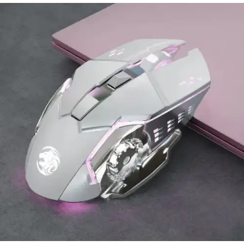 Silver gaming mouse with pink led lighting and a dragon emblem on the side.