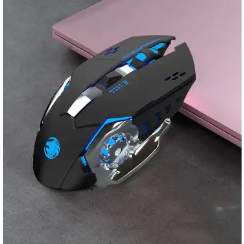 Black and blue gaming mouse with a sleek, ergonomic design featuring glowing led lights along its sides and a transparent scroll wheel.
