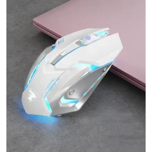 White gaming mouse with blue led lighting and a sleek, ergonomic design.
