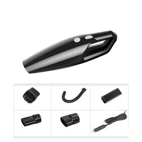 Black handheld car vacuum with sleek, ergonomic design and two white buttons on the handle.
