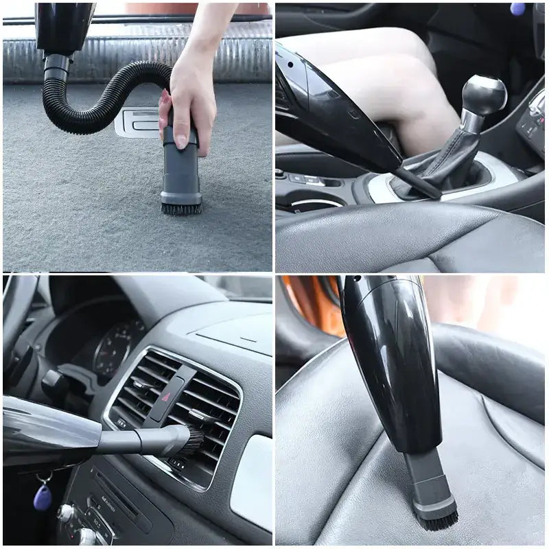Black handheld car vacuum with flexible hose and brush attachments
