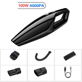 Black handheld vacuum cleaner with 100w power and 4500pa suction, featuring a sleek ergonomic design.