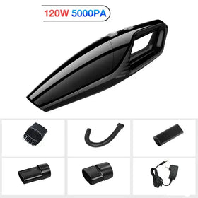 Black handheld car vacuum cleaner with 120w power and 5000pa suction.