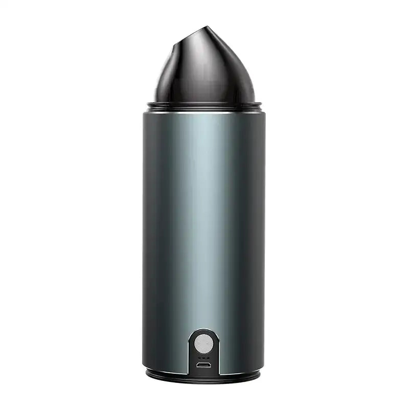 Sleek matte black cylindrical air purifier with a conical top and usb charging port at the base