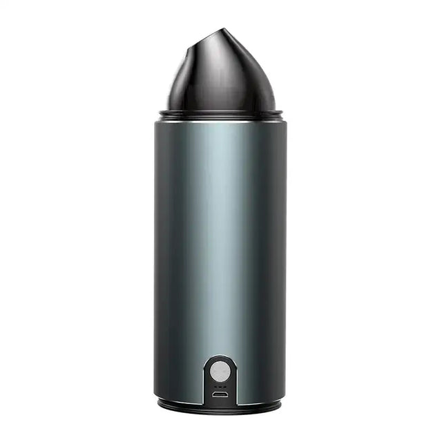 Sleek matte black cylindrical air purifier with a conical top and usb charging port at the base