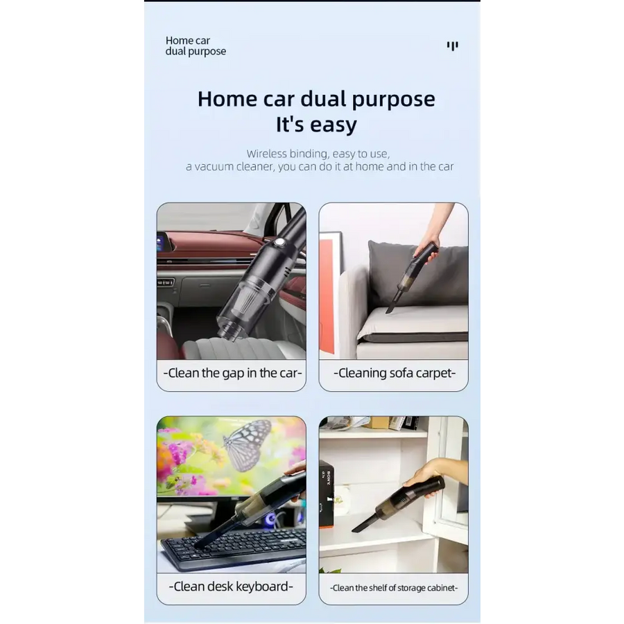 Black and silver handheld wireless vacuum cleaner with a flexible hose attachment, designed for cleaning in cars, homes, and tight spaces.