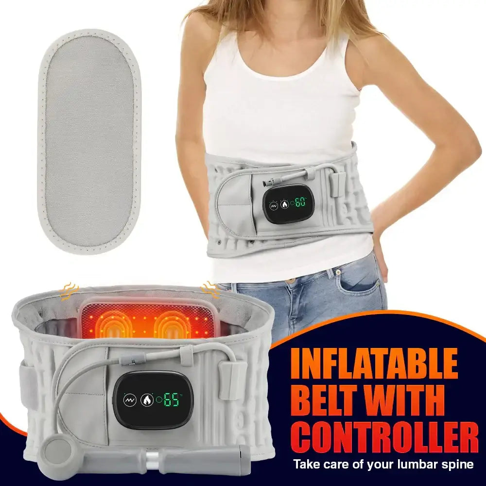 Gray inflatable lumbar support belt with digital controller displaying temperature settings and heat therapy indicators.