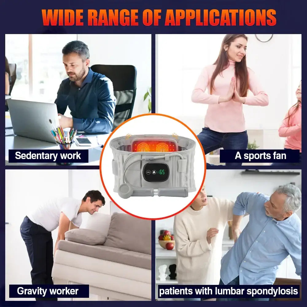 Gray inflatable lumbar support belt with a digital display and red heating elements.