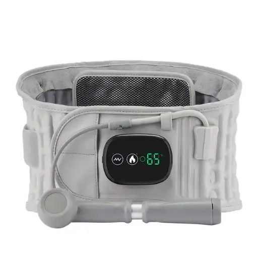 Gray therapeutic heating belt with digital display showing 65 degrees and control buttons for heat settings.