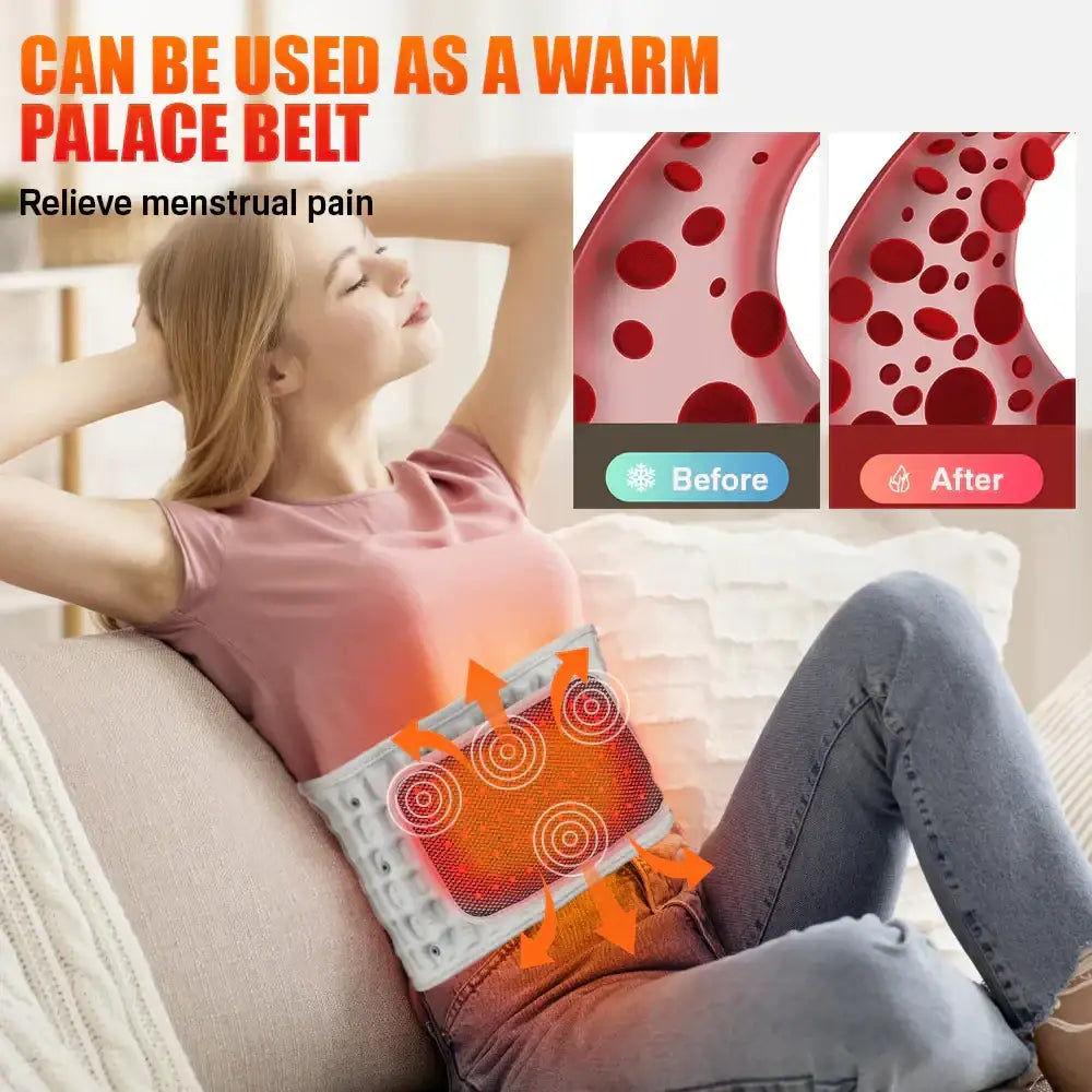 White and orange heated warm palace belt with circular heating elements for menstrual pain relief.