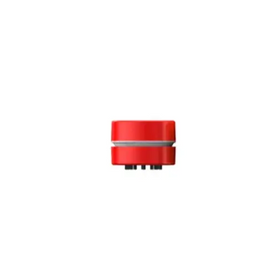 Red cylindrical air purifier filter with a silver metallic band and black base.