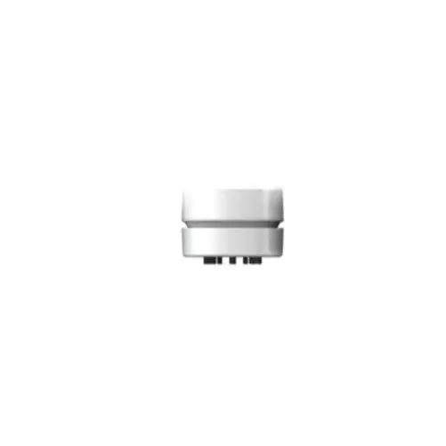 White cylindrical connector with a smooth, matte finish and four black pins at its base.