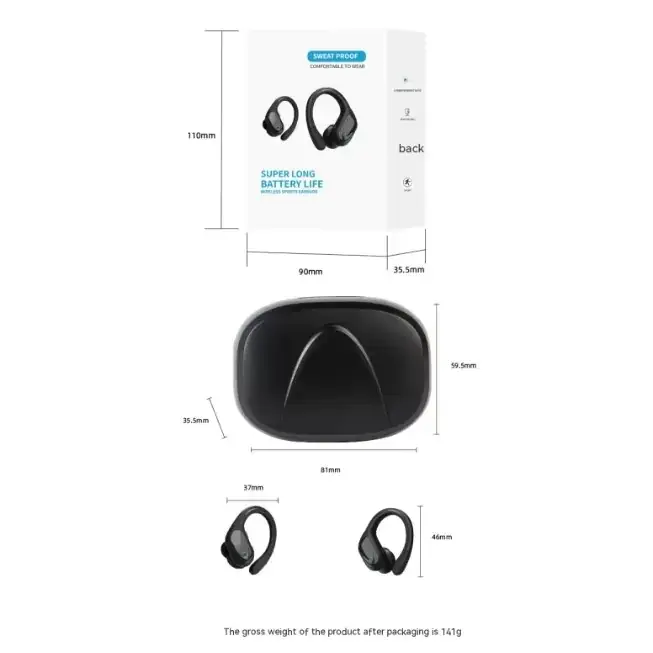 Black wireless earbuds with a sleek, ergonomic design and sweat-proof casing.