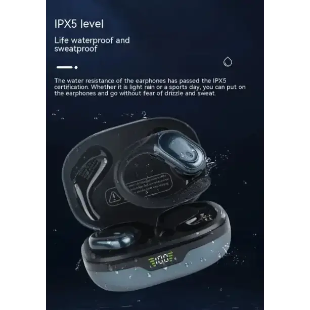 Black and gray wireless earbuds in a sleek, modern charging case with a digital display.