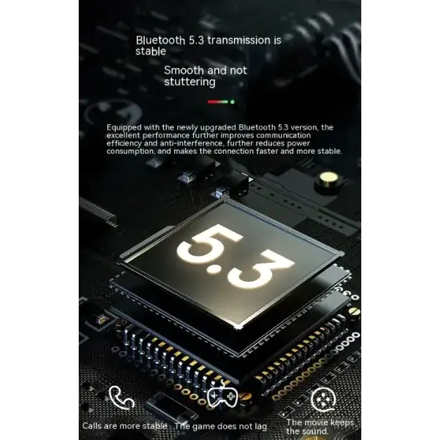 Black rectangular bluetooth 5.3 chip with glowing white ’5.3’’ text on its surface, mounted on a circuit board with metallic contacts and surrounding electronic components.