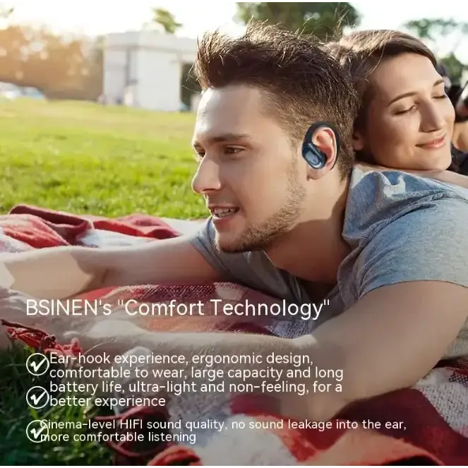 Blue in color, the ear hook-style wireless earbud features a sleek and ergonomic design with an ear-hook for secure fit.