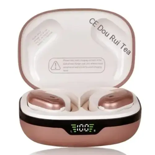 Rose gold wireless earbuds nestled in a matching charging case with a digital display showing battery levels.