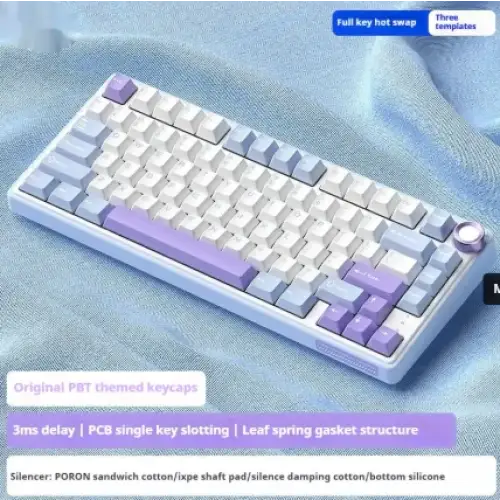 A sleek white and lavender mechanical keyboard with a minimalist design, featuring pbt themed keycaps and a silencer made of poron sandwich cotton.