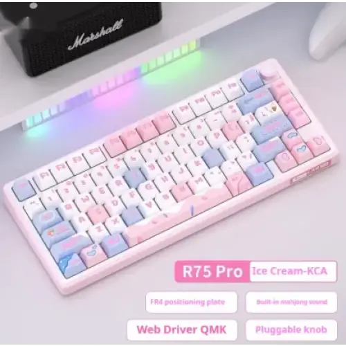 Pink and light blue pastel-colored mechanical keyboard with a sweet, candy-themed design.