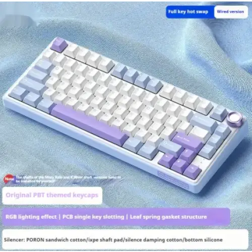 A sleek, full-size mechanical keyboard with a white and lavender color scheme featuring pbt keycaps and an rgb lighting effect.