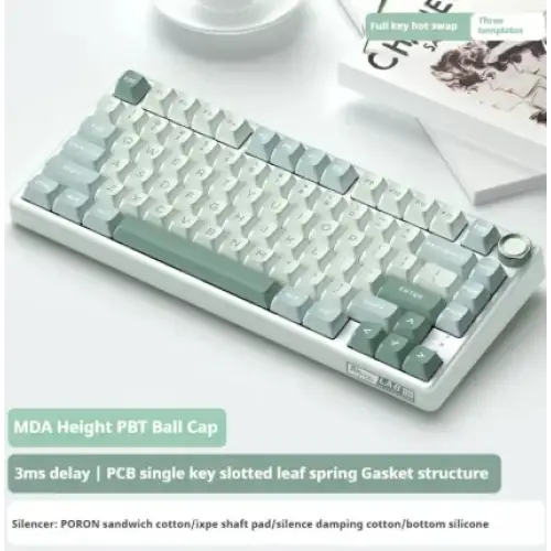 A sleek, minimalist mechanical keyboard with a white and light green color scheme featuring pbt keycaps.