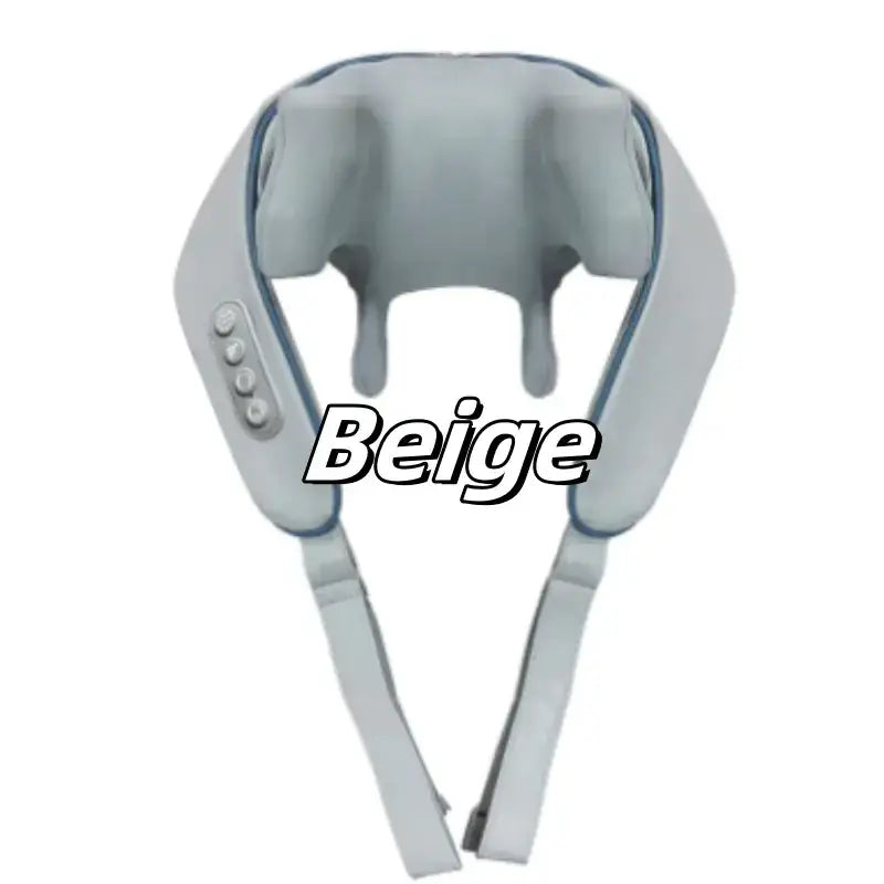 Beige neck massager with soft fabric straps and a sleek, ergonomic design.