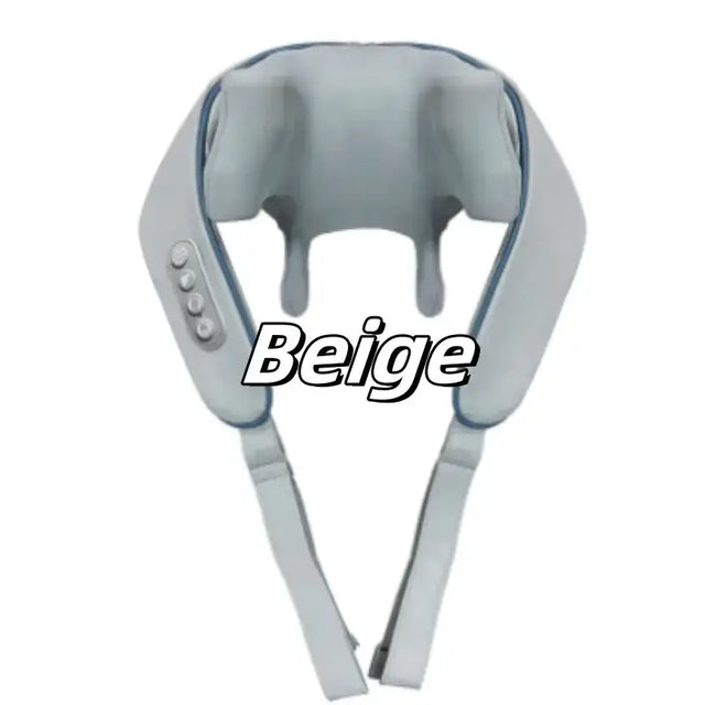 Beige neck massager with soft fabric straps and a sleek, ergonomic design.