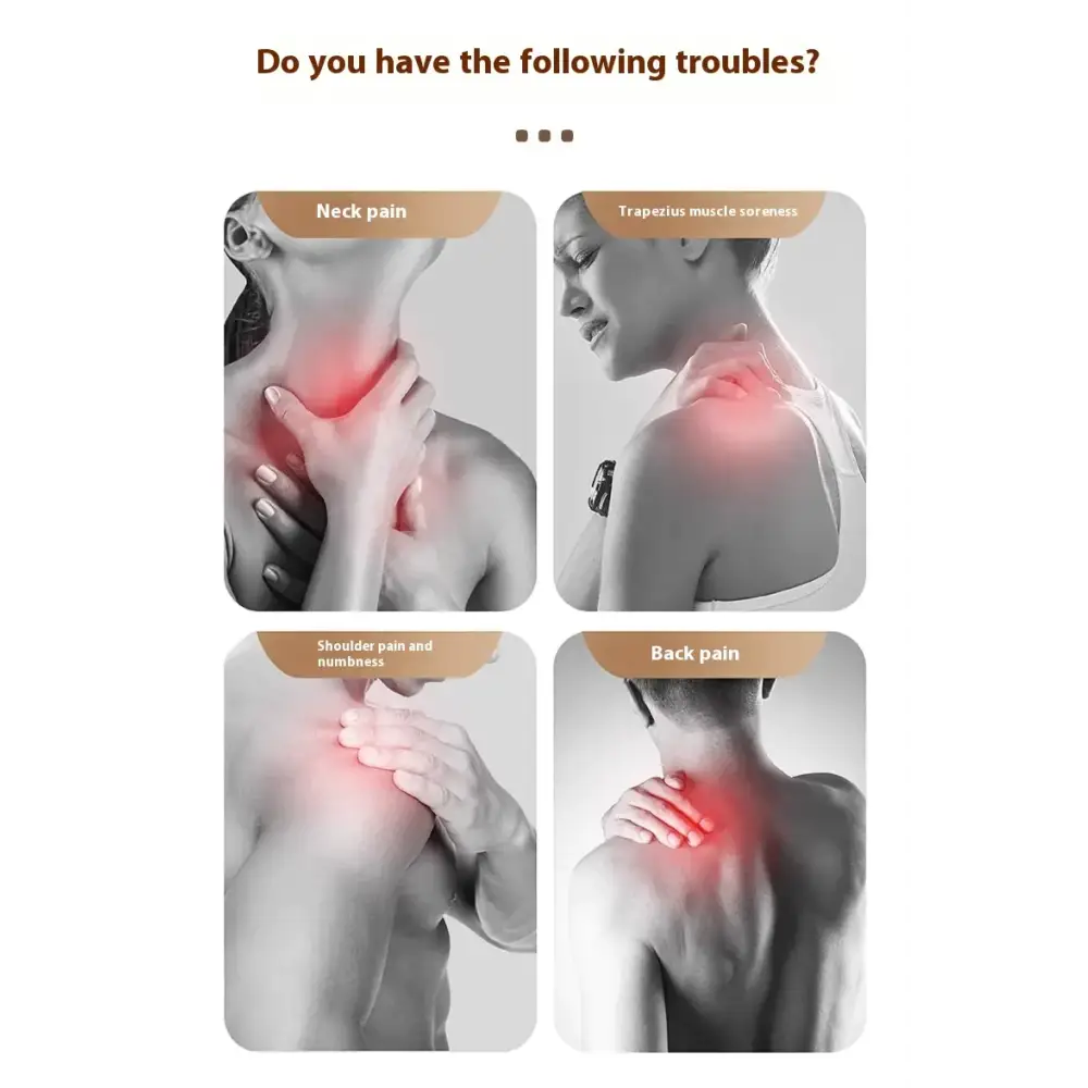 A black and white medical illustration depicting four different types of neck, shoulder, or back pain.
