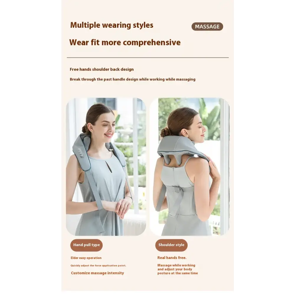 Gray shoulder massager with adjustable straps and control buttons for customizable massage intensity.