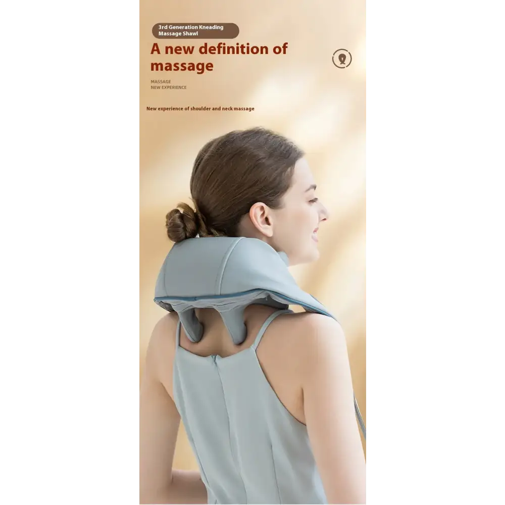 Light blue 3rd generation kneading massage shawl with contoured design for shoulder and neck massage.