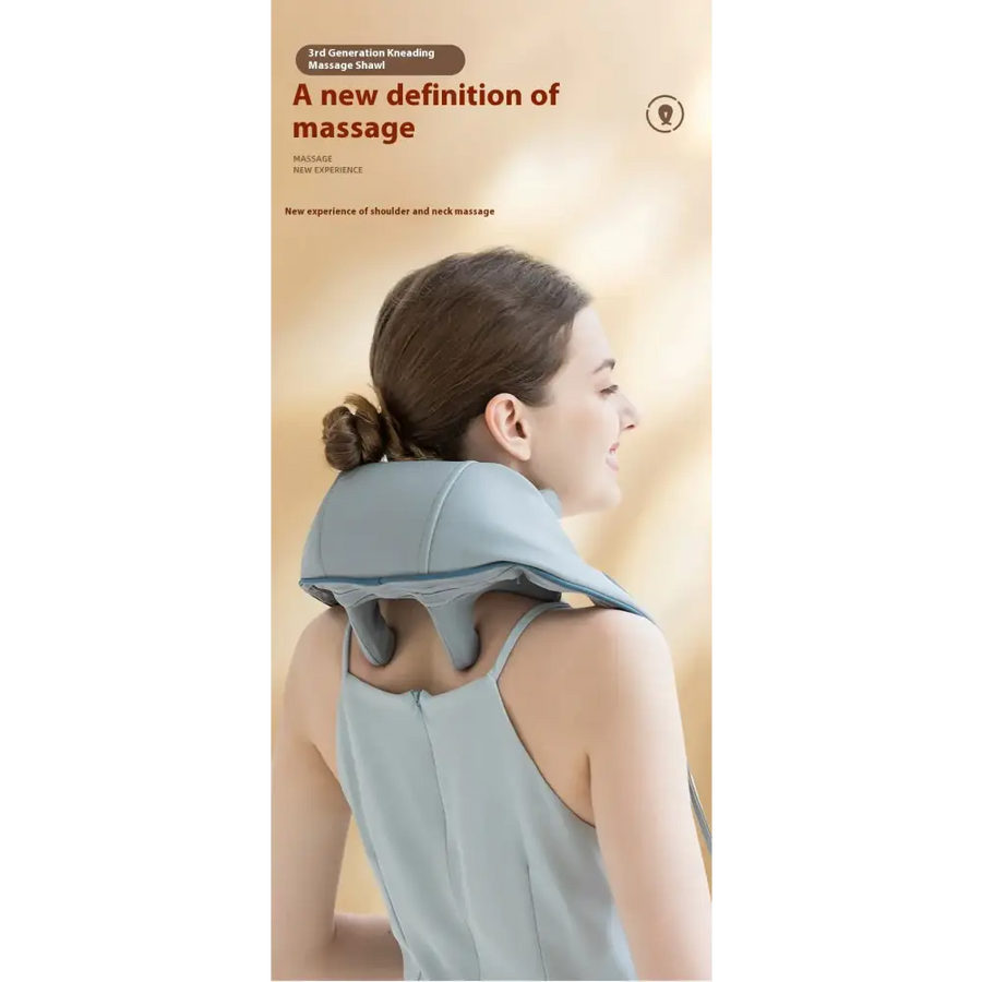 Light blue 3rd generation kneading massage shawl with contoured design for shoulder and neck massage.