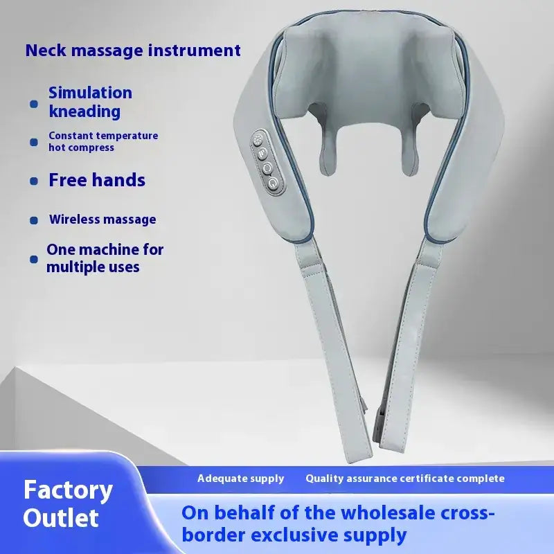 Light gray fabric-covered neck massage instrument with a sleek, ergonomic design and control buttons on the side.