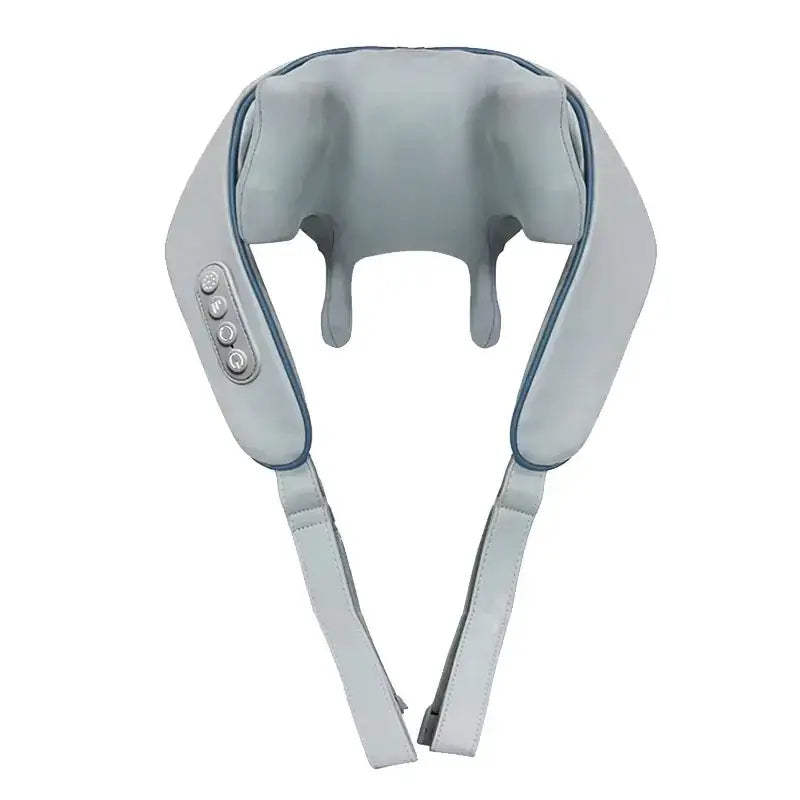 Light gray fabric-covered neck massager with blue trim and control buttons on the side.
