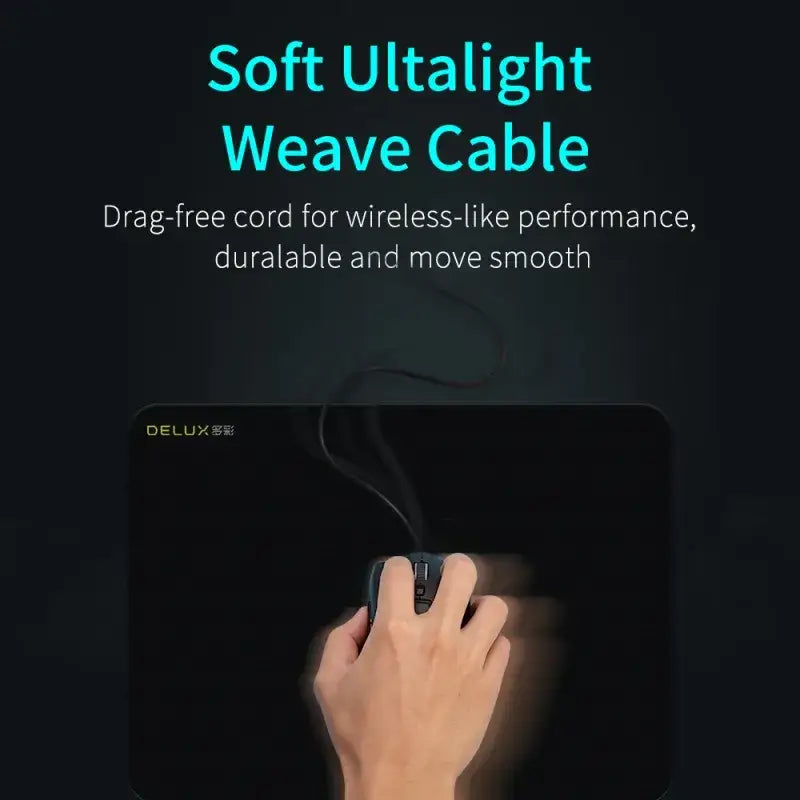 Black delux mousepad with a soft ultralight weave cable extending from its edge.