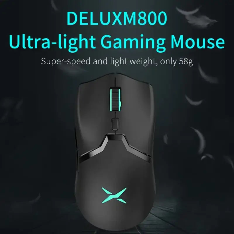 Black deluxm800 ultra-light gaming mouse with glowing teal accents and an illuminated x logo.