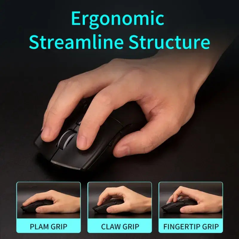 Black ergonomic gaming mouse with a sleek, streamlined design and textured grip surfaces.
