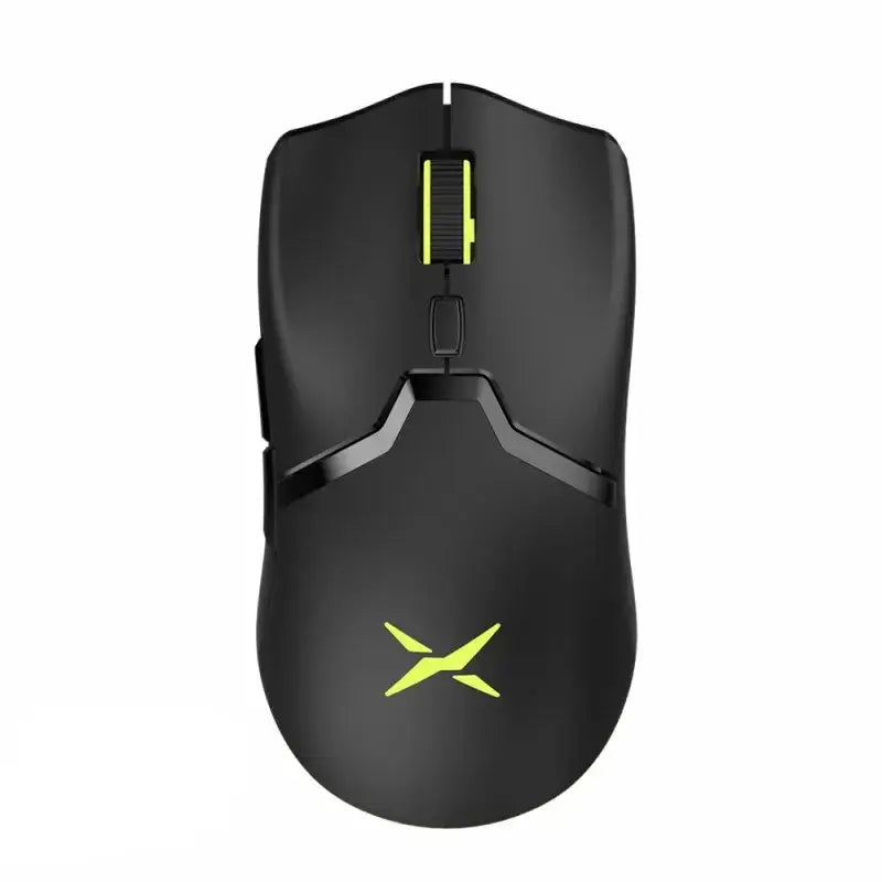 Black gaming mouse with neon yellow accents on the scroll wheel and logo.