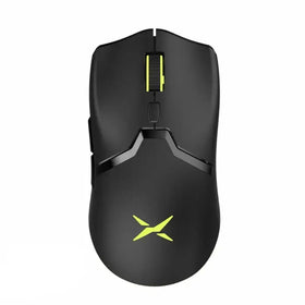 Black gaming mouse with neon yellow accents on the scroll wheel and logo.